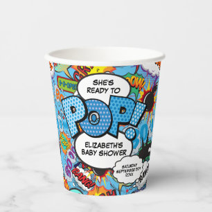 Ready to Pop Baby Shower Blue Comic Book Paper Cups