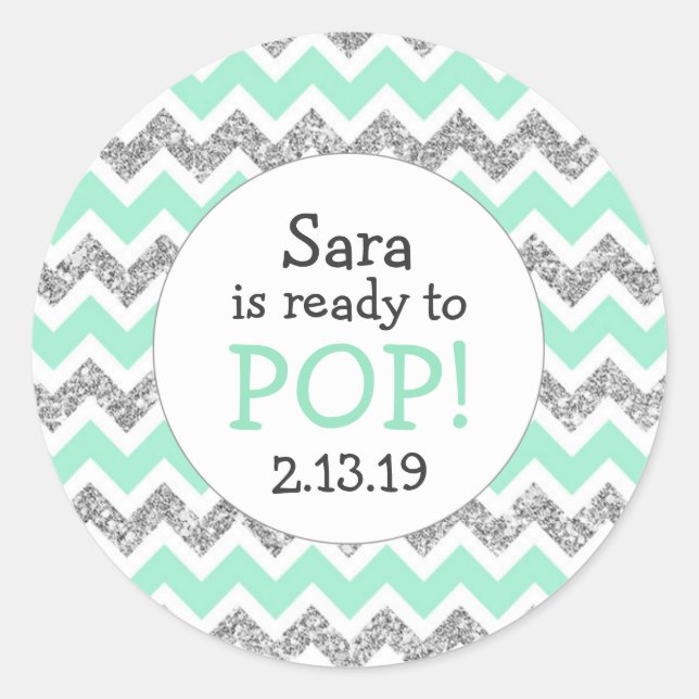 Ready to Pop Baby Shower Favour mint glitter Classic Round Sticker (Front)