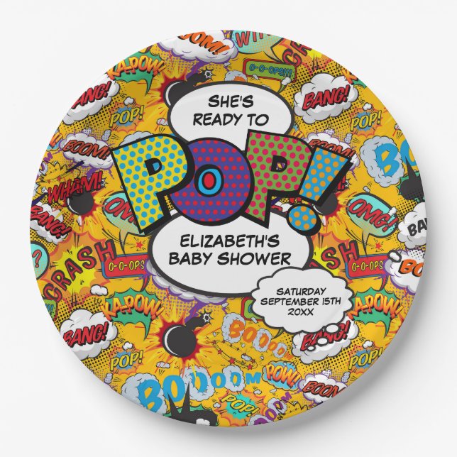 Ready to Pop Baby Shower Fun Comic Book Paper Plate (Front)