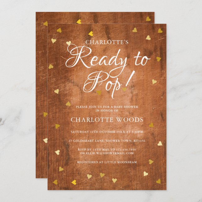 Ready to Pop Baby Shower Gold Hearts Rustic Wood Invitation (Front/Back)