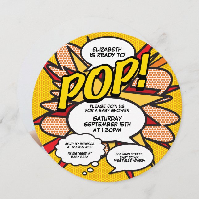 Ready to Pop Baby Shower Photo Fun Retro Comic Invitation (Front/Back)