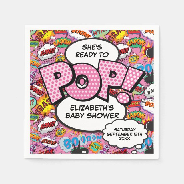 Ready to Pop Baby Shower Pink Comic Book Napkin (Front)