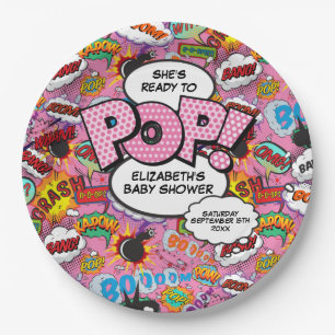 Ready to Pop Baby Shower Pink Comic Book Paper Plate