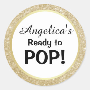 Ready to Pop Baby Shower White Gold Glitter Classic Round Sticker