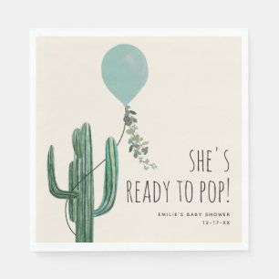 Ready to Pop Balloon Cactus Blue Boy baby shower Napkin