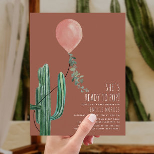 Ready to Pop Balloon Cactus Terracotta Girl Baby Invitation