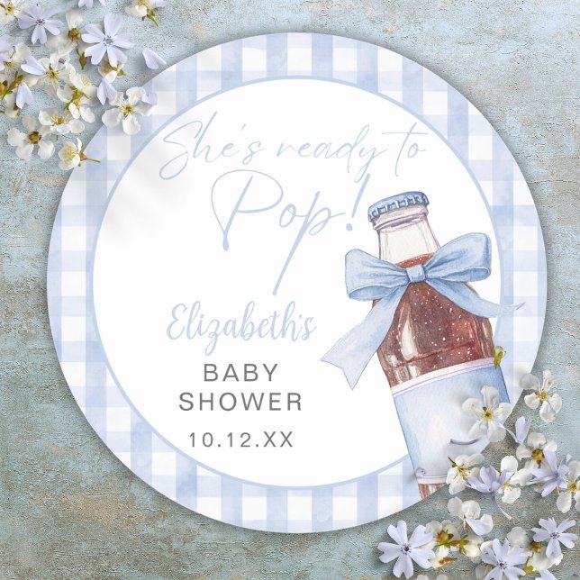 Ready To Pop Blue Bow Soda Bottle Baby Shower Classic Round Sticker (Ready To Pop Blue Bow Soda Bottle Baby Shower Classic Round Sticker)