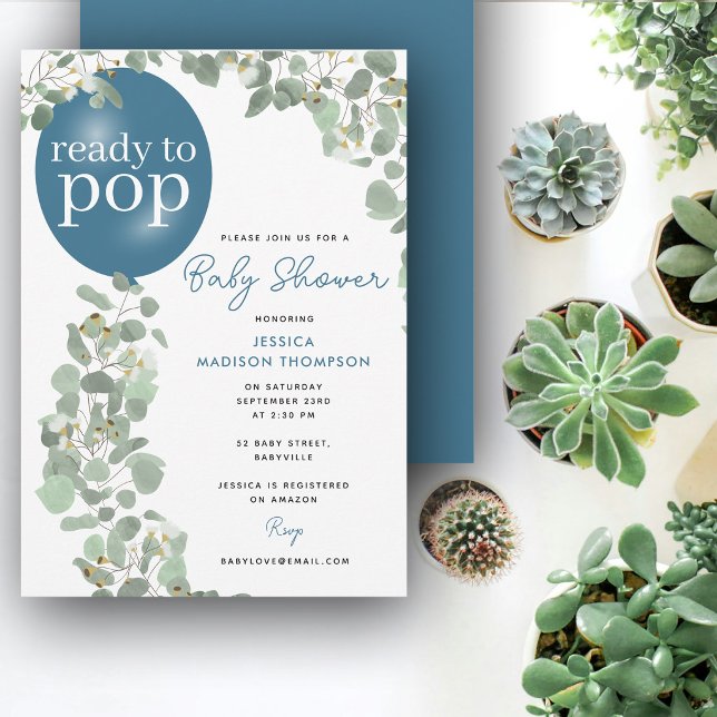 Ready to Pop Boy Eucalyptus Balloon Baby Shower Invitation (Ready to Pop Boy Eucalyptus Balloon Baby Shower Invitation)