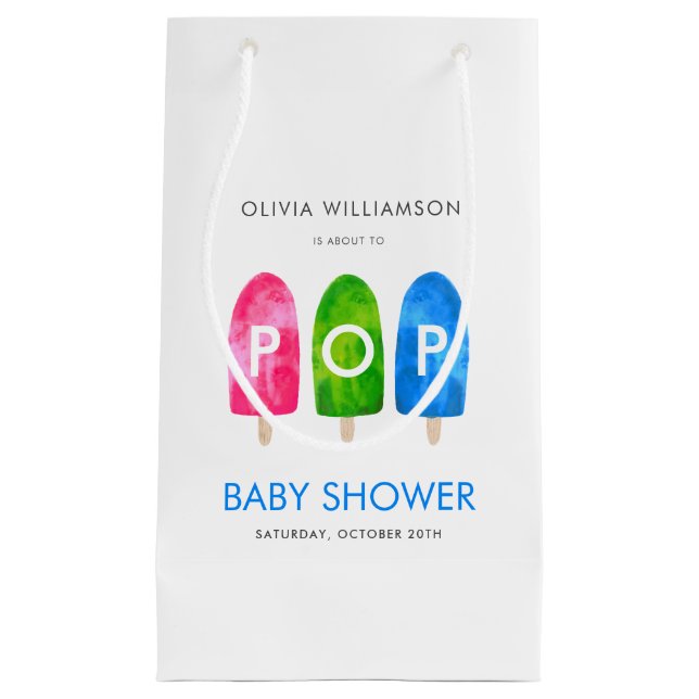 Ready to Pop colourful Blue Baby Shower Small Gift Bag (Front)