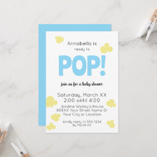 Ready to Pop Cute Boy Blue Popcorn Baby Shower Invitation