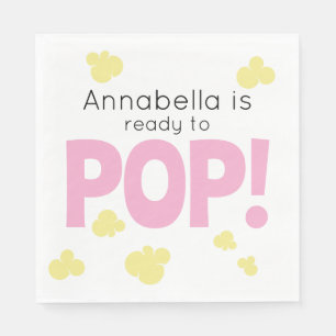 Ready to Pop Cute Girl Pink Popcorn Baby Shower Napkin