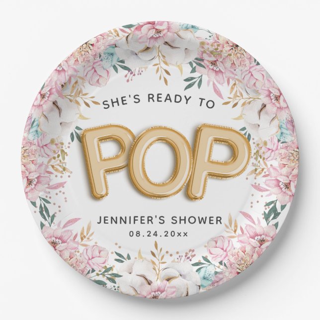 "Ready to Pop" Floral Baby Shower Balloons Paper Plate (Front)