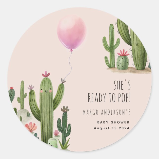Ready to Pop Girl Balloon Cactus Green Baby Shower Classic Round Sticker (Front)