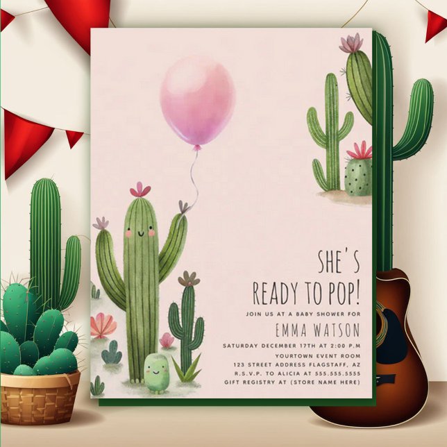 Ready to Pop Girl Balloon Cactus Green Baby Shower Invitation (Creator Uploaded)