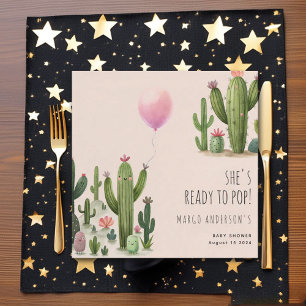Ready to Pop Girl Balloon Cactus Green Baby Shower Napkin