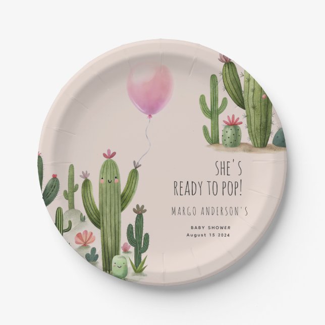 Ready to Pop Girl Balloon Cactus Green Baby Shower Paper Plate (Front)