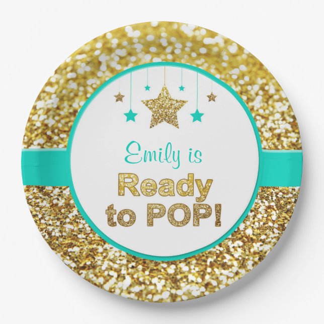 Ready to pop gold and mint baby shower plates (Front)
