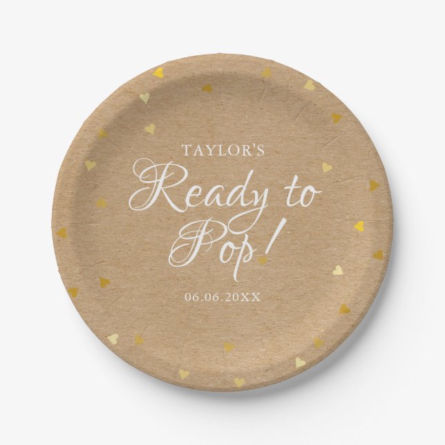 Ready To Pop Gold Hearts Baby Shower Rustic Kraft Paper Plate (Front)
