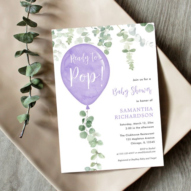 Ready to pop modern purple balloon baby shower invitation (Creator Uploaded)