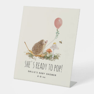Ready to Pop Mushrooms Hedgehog Baby Shower Pink Pedestal Sign