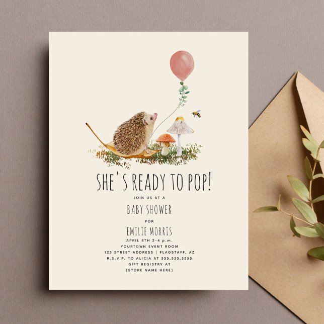 Ready to Pop Mushrooms Hedgehog Balloon Girl Baby Invitation (Creator Uploaded)