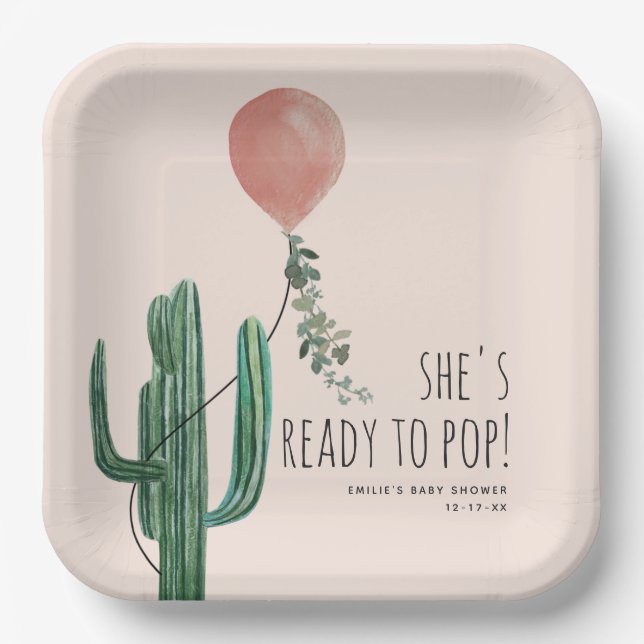 Ready to Pop Pink Balloon Cactus Girl Baby Shower Paper Plate (Front)