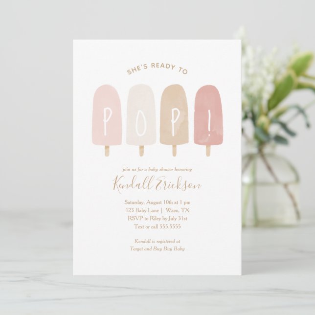 Ready to Pop Pink Popsicle Girl Baby Shower Invitation (Standing Front)