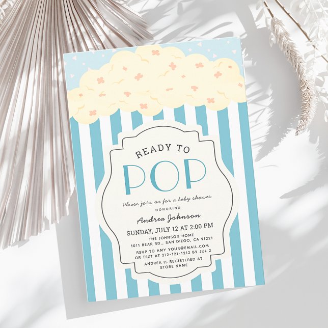 Ready to Pop Popcorn Blue Stripe Boy Baby Shower Invitation (Creator Uploaded)
