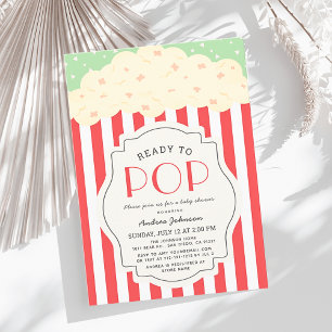 Ready to Pop Popcorn Red Stripe Baby Shower Invitation