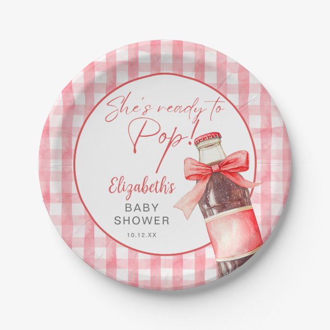 Ready To Pop Red Bow Soda Bottle Baby Shower Paper Plate (Front)