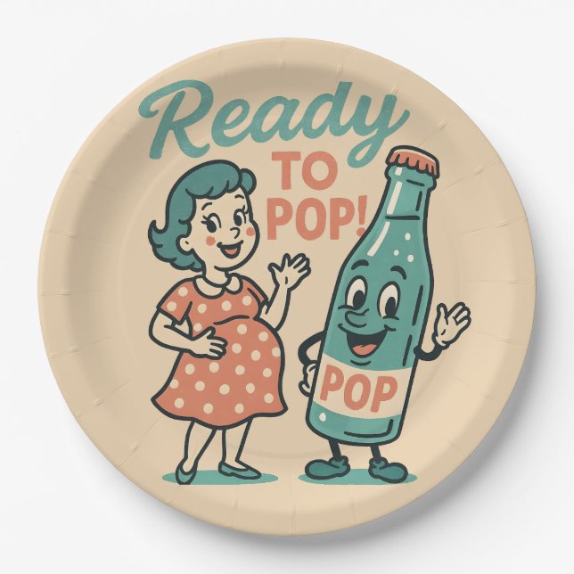 Ready to Pop Retro 1950s Maternity Baby Shower  Paper Plate (Front)