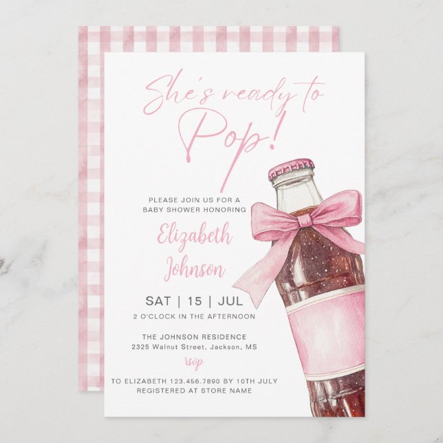 Ready To Pop Soda Bottle Pink Bow Baby Shower Invitation (Front/Back)
