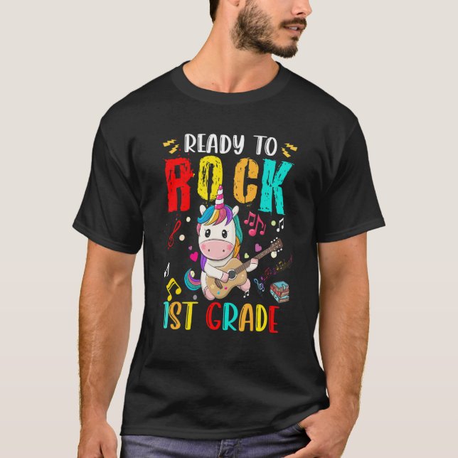 Ready To Rock 1st Grade Unicorn Playing Guitar T-Shirt (Front)