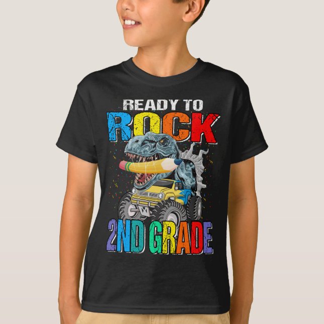 Ready To Rock 2nd Grade Monster Truck Dinosaur Boy T-Shirt (Front)