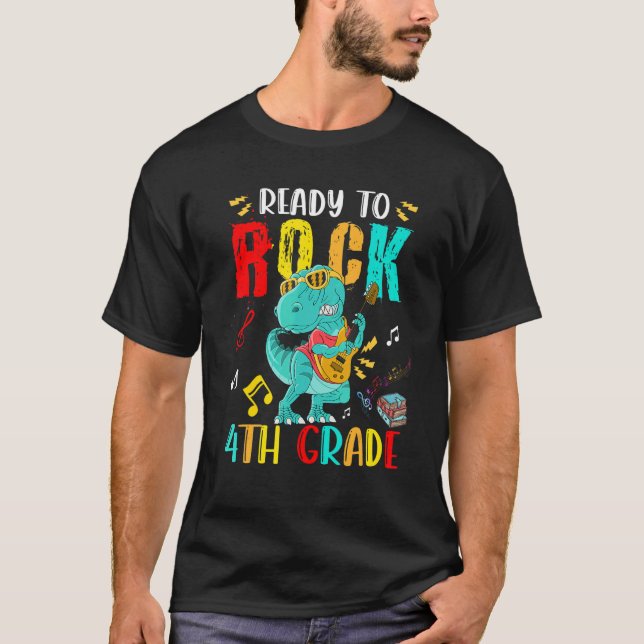 Ready To Rock 4th Grade rex Playing Guitar T-Shirt (Front)