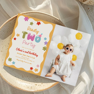 Ready Two Party Daisy Colourful 2nd Birthday Photo Invitation