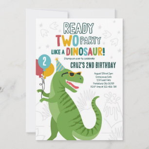 Ready Two Party Dinosaur T-Rex 2nd Birthday Party Invitation