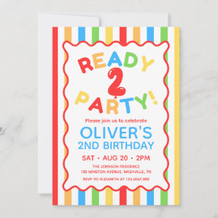 Ready Two Party Fun Colourful Striped 2nd Birthday Invitation
