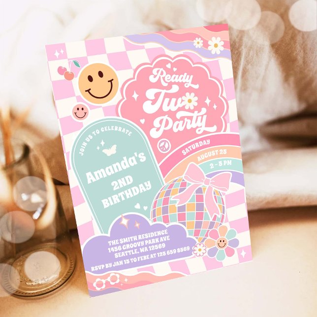 Ready Two Party Groovy Rainbow Disco 2nd Birthday  Invitation (Creator Uploaded)