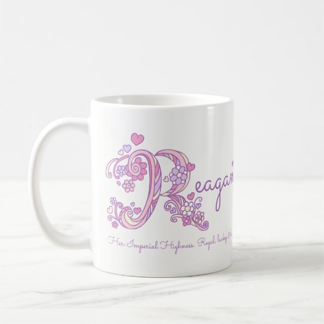 Reagan name meaning heart flower R monogram mug (Left)