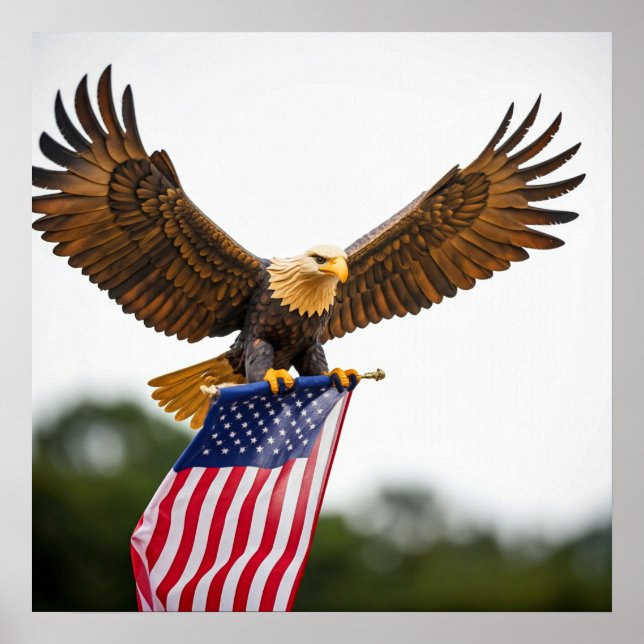 REAL BALD EAGLE FLYING WITH AMERICAN FLAG POSTER (Front)