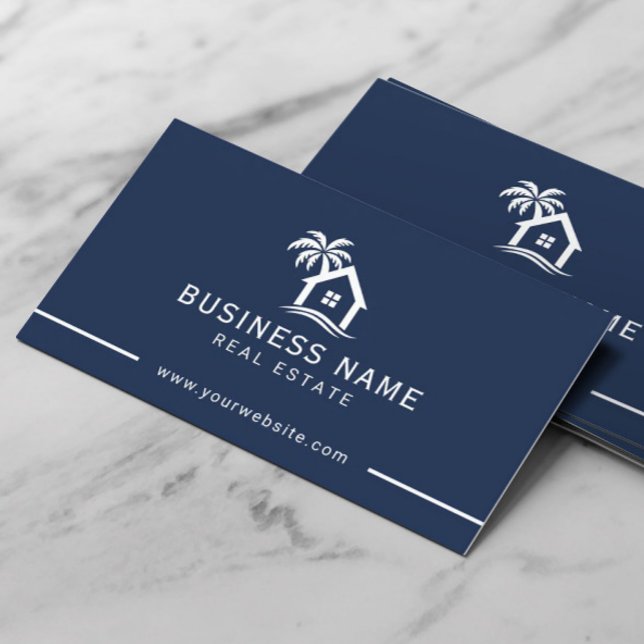 Real Estate Agent Beach House Logo Navy Blue Business Card (Creator Uploaded)