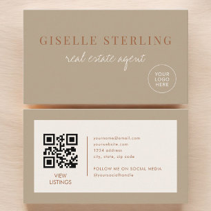 Real Estate Agent Beige Neutral Logo QR Code Business Card