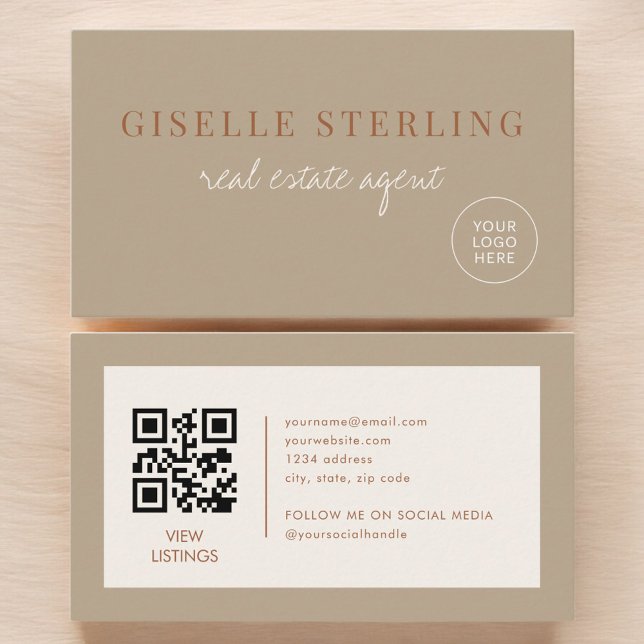 Real Estate Agent Beige Neutral Logo QR Code Business Card (Creator Uploaded)