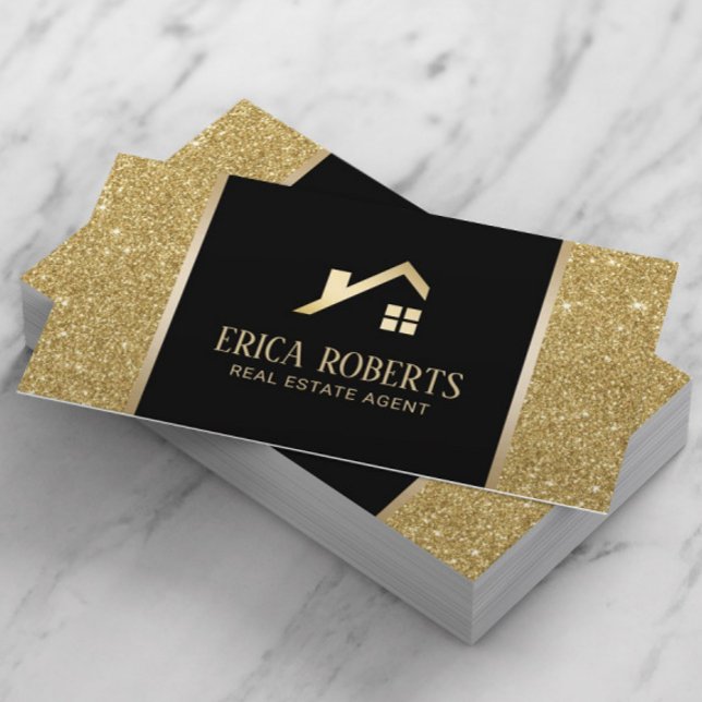 Real Estate Agent Black & Gold Glitter Custom Logo Business Card (Creator Uploaded)