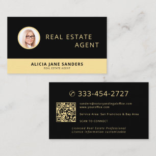 Real estate agent black gold photo QR code Business Card