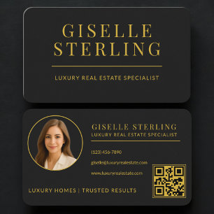 Real Estate Agent  Black Gold QR Code Business Card