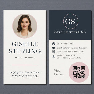 Real Estate Agent Blush & Navy Photo QR Code Business Card