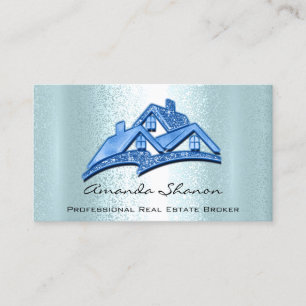 Real Estate Agent Broker House Blue Glitter Business Card