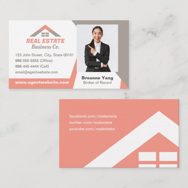 Real Estate Agent Business Card in Coral Pink (Front/Back)